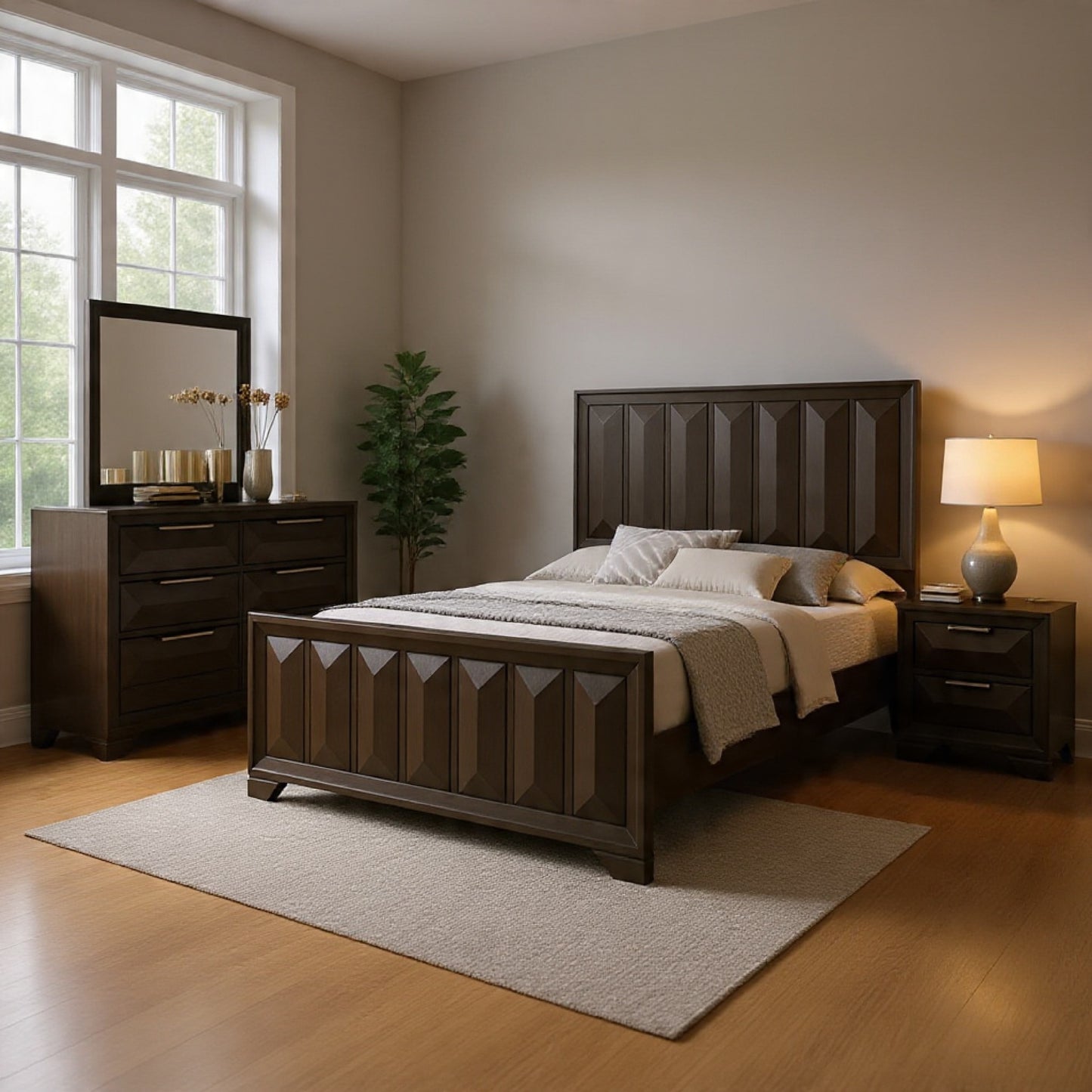 Fema Queen Bed, Vertical Facet Headboard and Footboard, Espresso Brown