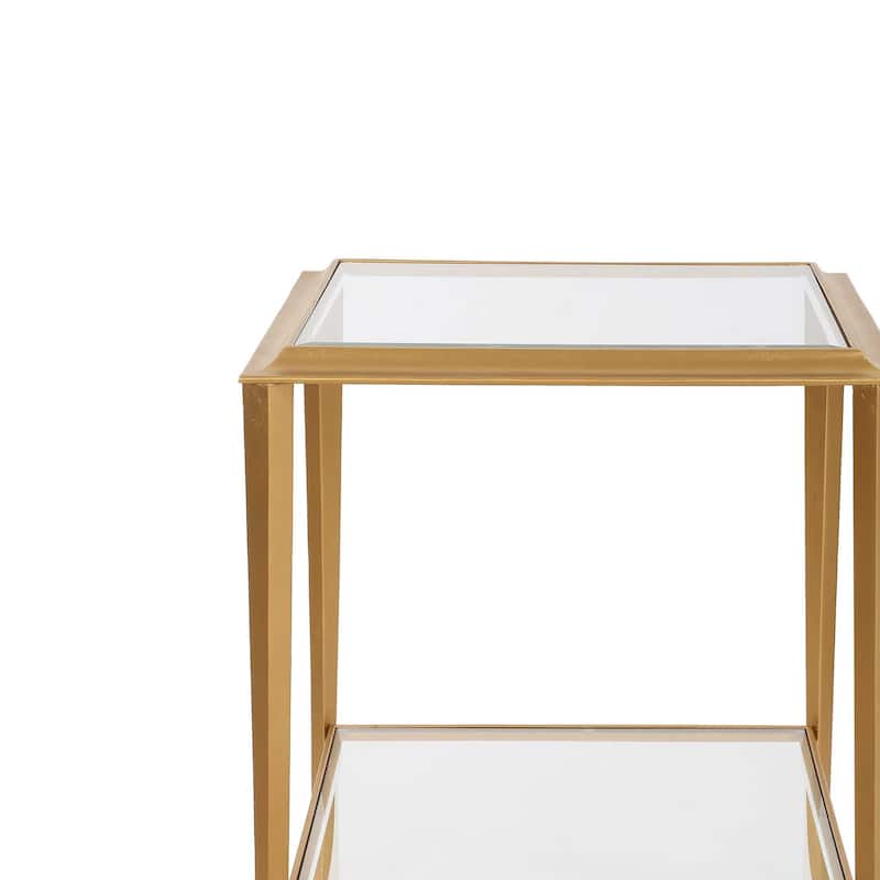 Fer Accent Table, 18 Inch Glass Top, Bottom Open Shelf, Gold Leaf Iron