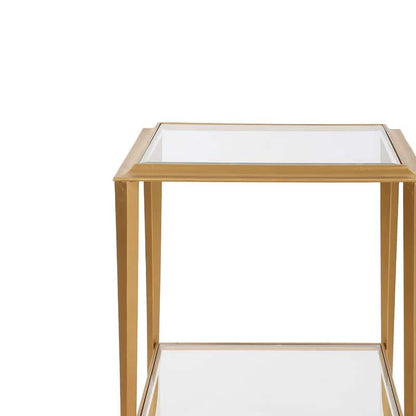 Fer Accent Table, 18 Inch Glass Top, Bottom Open Shelf, Gold Leaf Iron