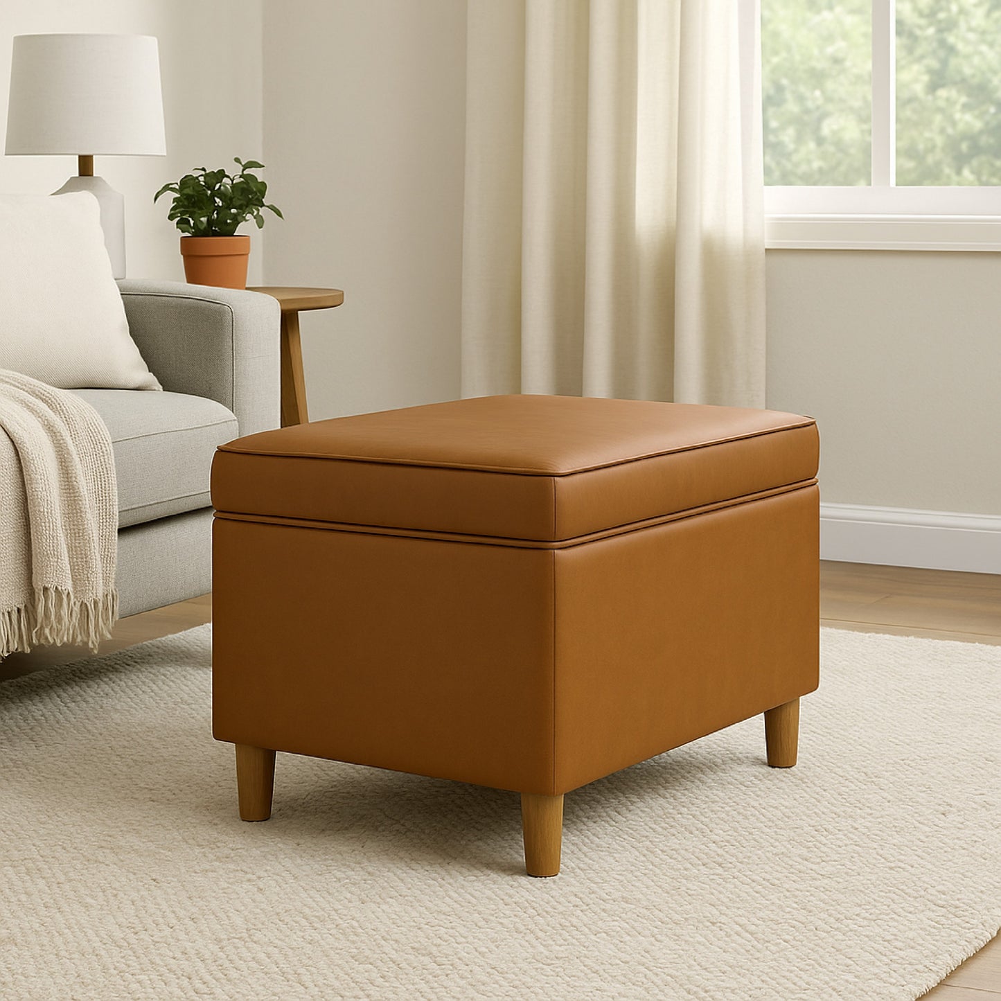 Fero Storage Ottoman, 24in Rectangular Hinged Lid, Brown Faux Leather