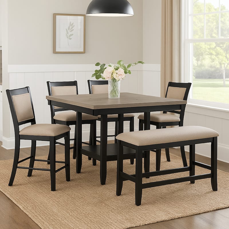 Filu Counter Height Chair Set of 2, Black Wood Frame, Gray Linen Seat