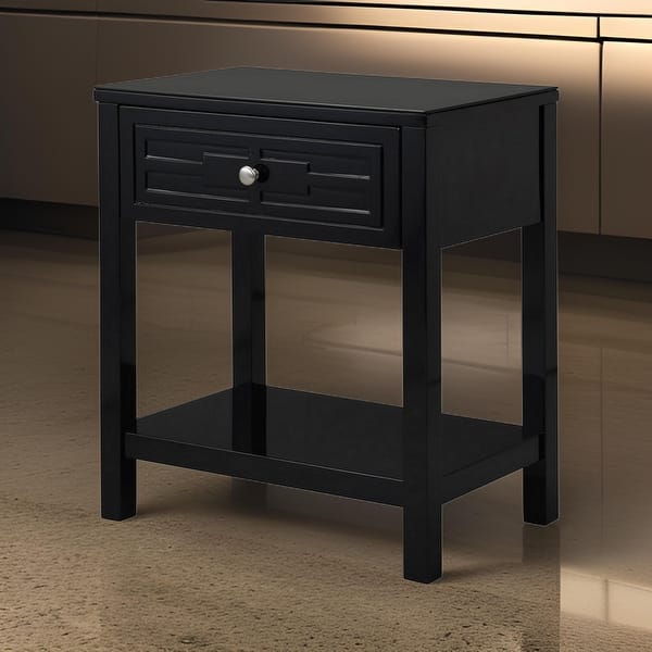 Fimo 27 Inch Nightstand with Drawer and Shelf, Glass Top, Modern Black Wood