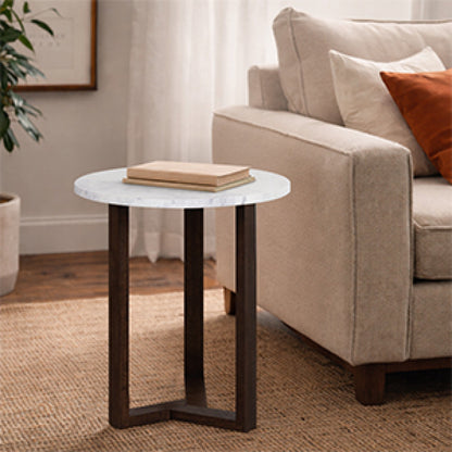 Fina Side End Table, 20 Inch Round White Genuine Marble Top, Natural Brown Mango Wood 3 Leg Sled Base