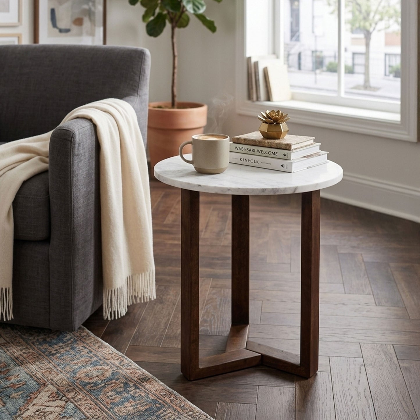 Fina Side End Table, 20 Inch Round White Genuine Marble Top, Natural Brown Mango Wood 3 Leg Sled Base