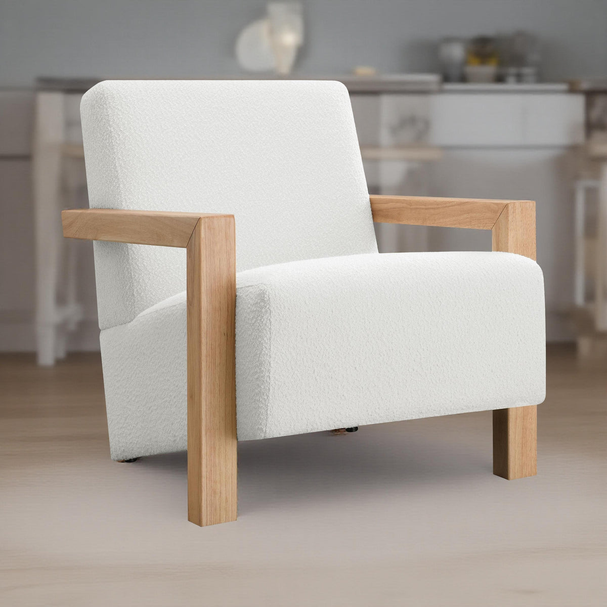 Fitz Accent Chair, Soft Latte Beige Boucle Cushions, Black Wood Arms