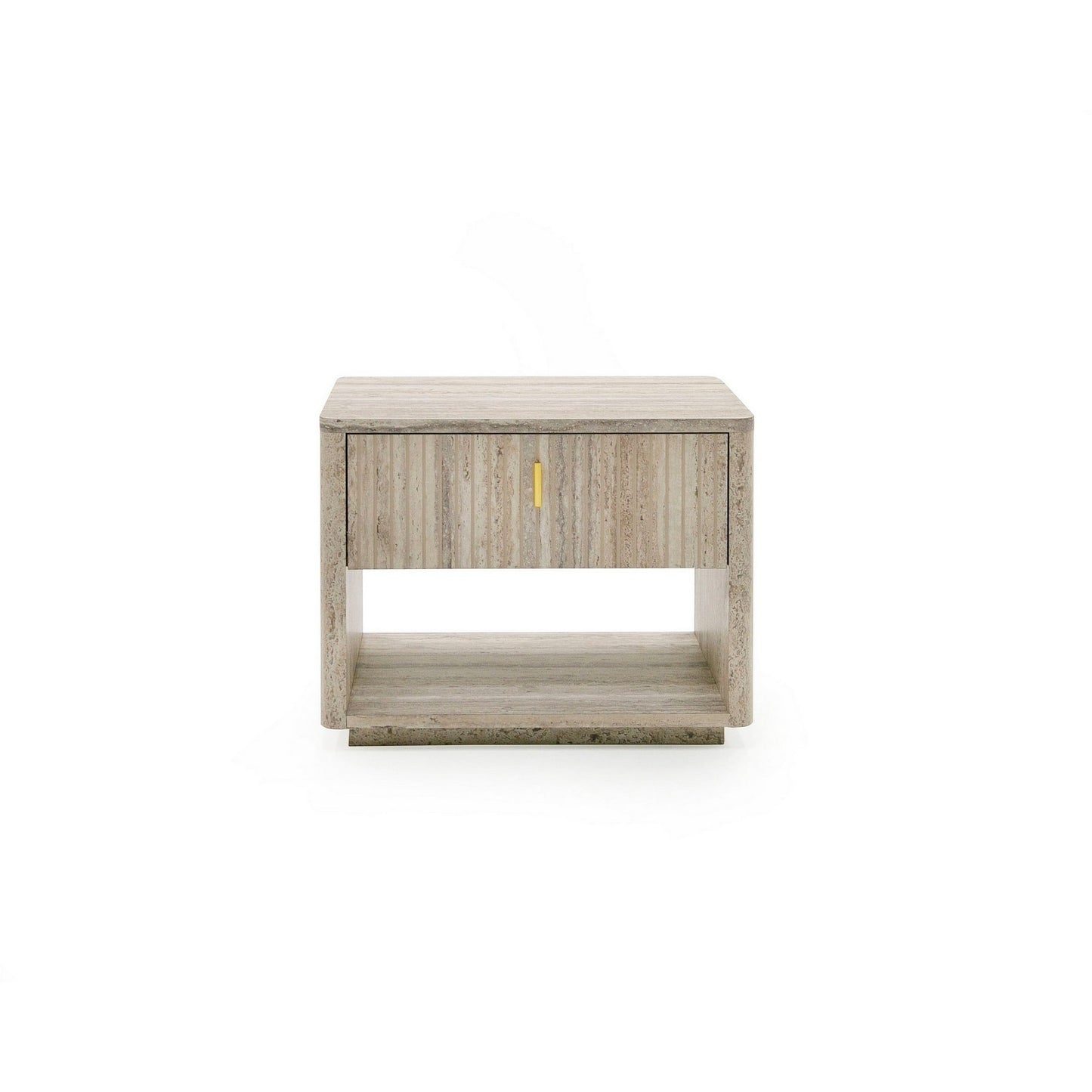 Fly 32 Inch Nightstand, 1 Drawer, 1 Sleek Gold Handle, Travertine Gray