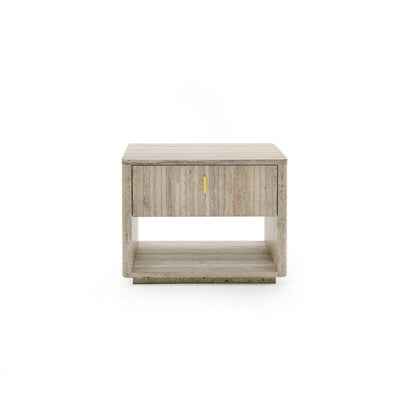 Fly 32 Inch Nightstand, 1 Drawer, 1 Sleek Gold Handle, Travertine Gray