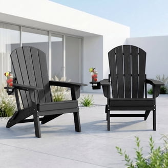 Outdoor Adirondack Chair with Cupholders, Foldable, Dark Gray Wood Finish