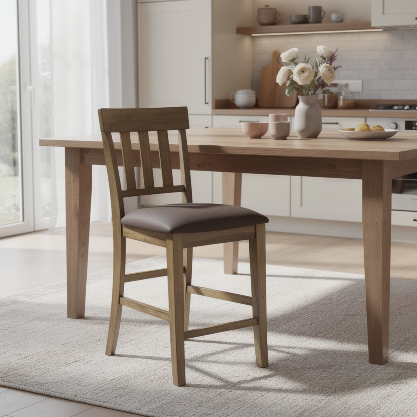 Fori Barstool Chair Set of 2, Faux Leather Seats, Light Brown Legs