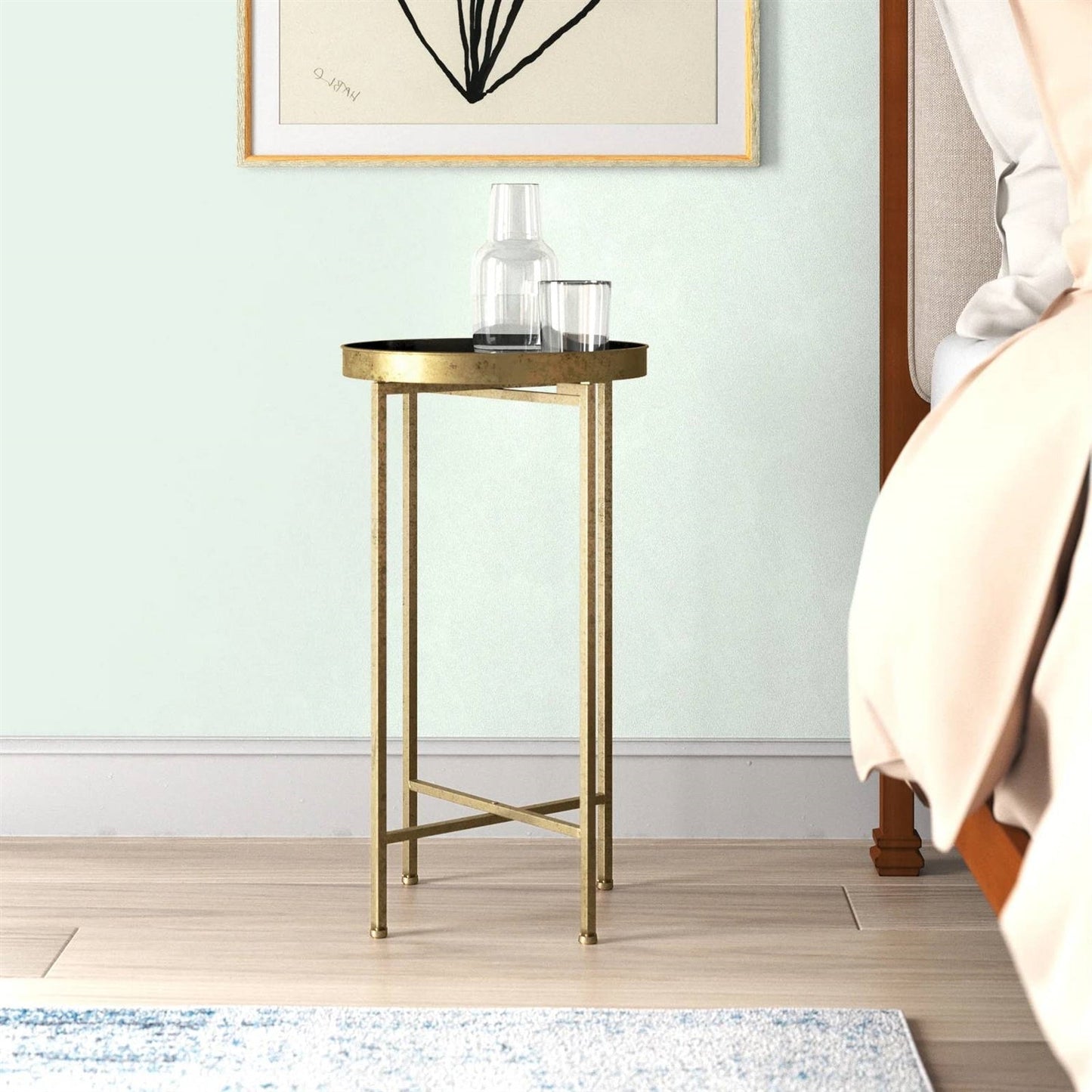 Gold Finish Metal Round Nightstand End Table with Removable Black Tray Top — Chic Home-Decor