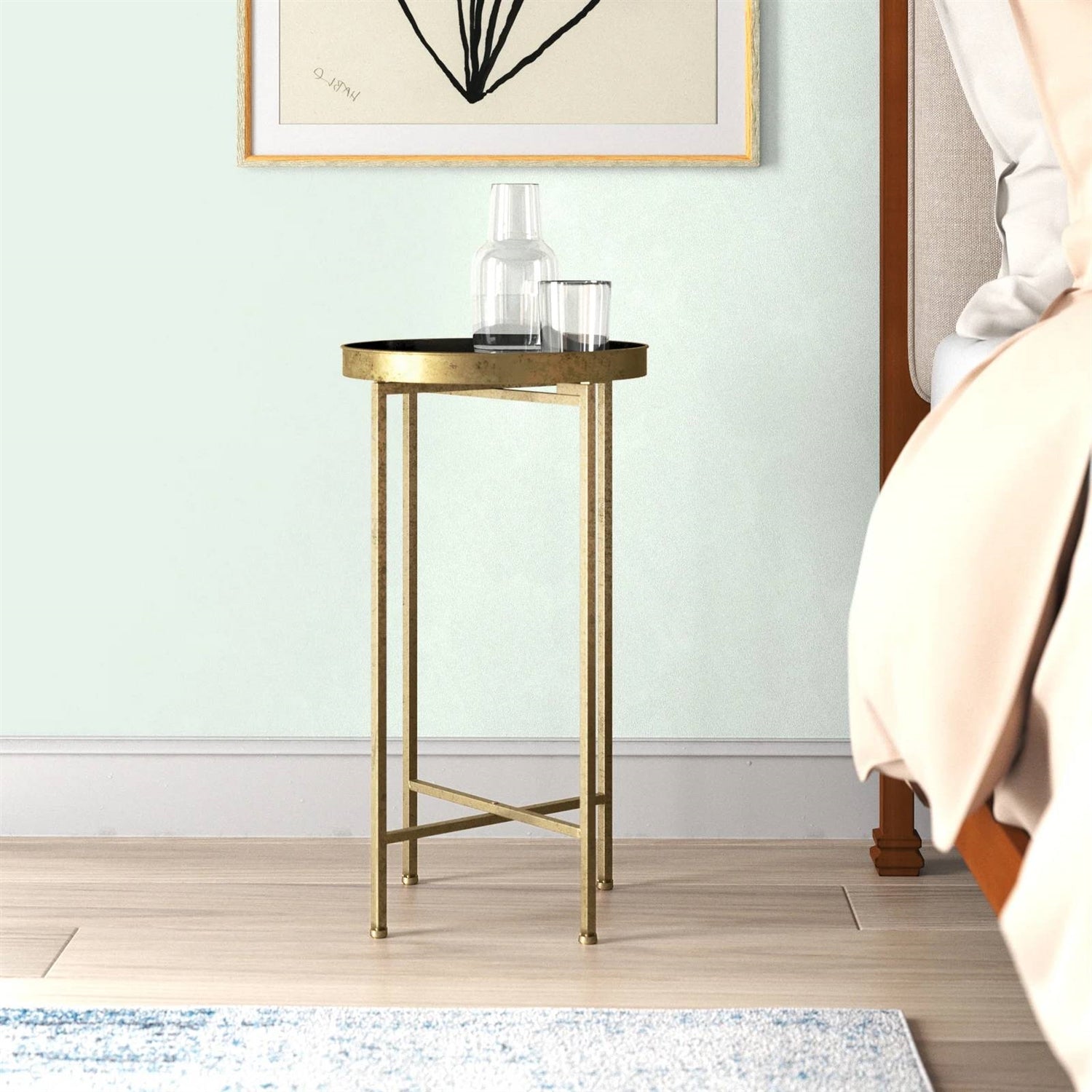 Gold Finish Metal Round Nightstand End Table with Removable Black Tray Top — Chic Home-Decor