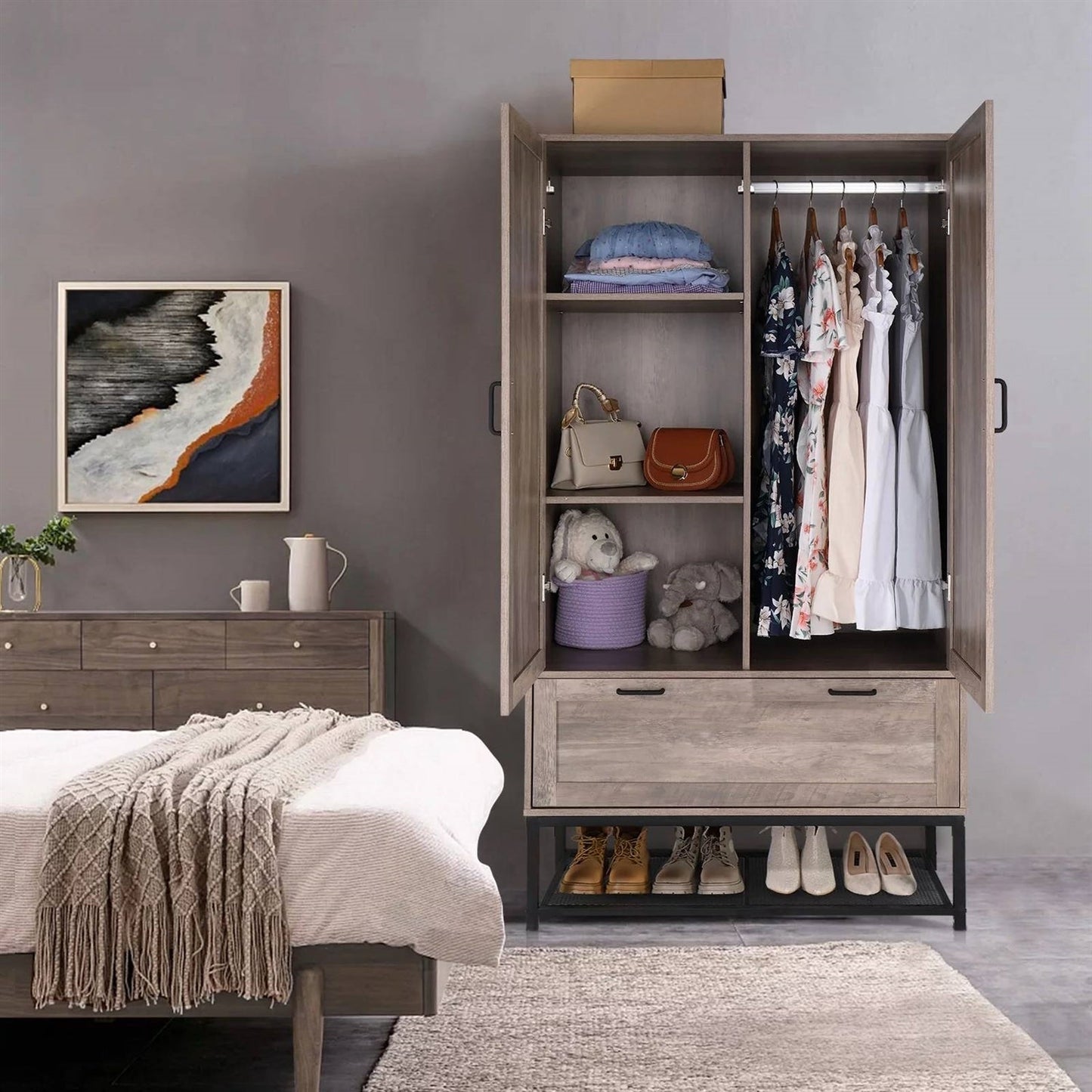 Modern 2-Door Bedroom Wardrobe Cabinet Armoire Shoe Rack in Retro Grey Finish — Chic Home-Decor