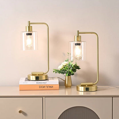 Set of 2 - Farmhouse Bedside Table Lamp Desk Light with USB Charging Ports – Gold