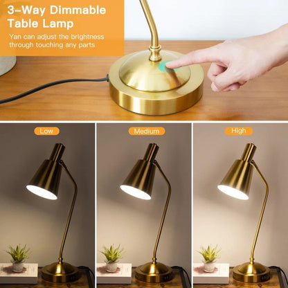 Gold Gooseneck Dimmable Desk Lamp with Touch Control and USB Charging Ports