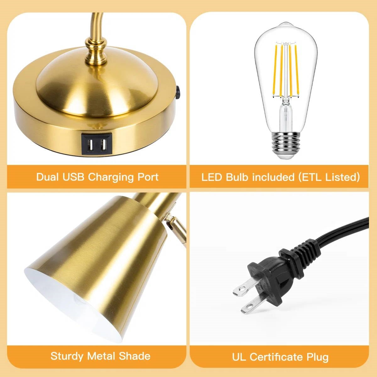Gold Gooseneck Dimmable Desk Lamp with Touch Control and USB Charging Ports