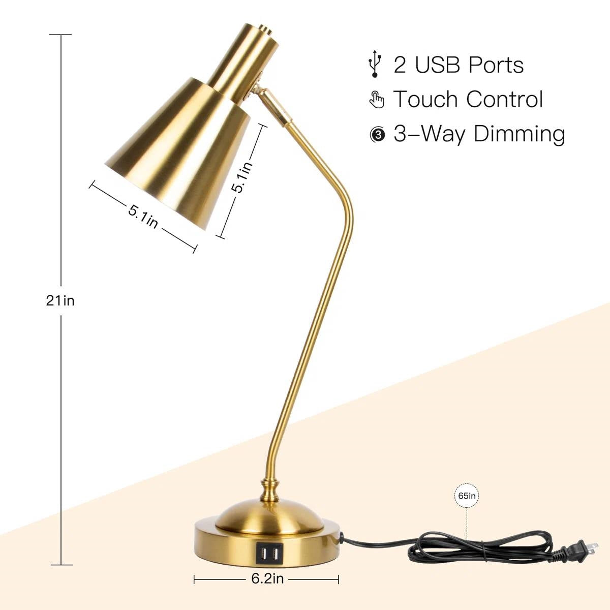 Gold Gooseneck Dimmable Desk Lamp with Touch Control and USB Charging Ports