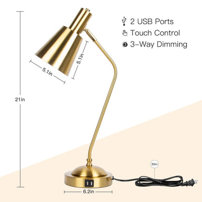 Gold Gooseneck Dimmable Desk Lamp with Touch Control and USB Charging Ports