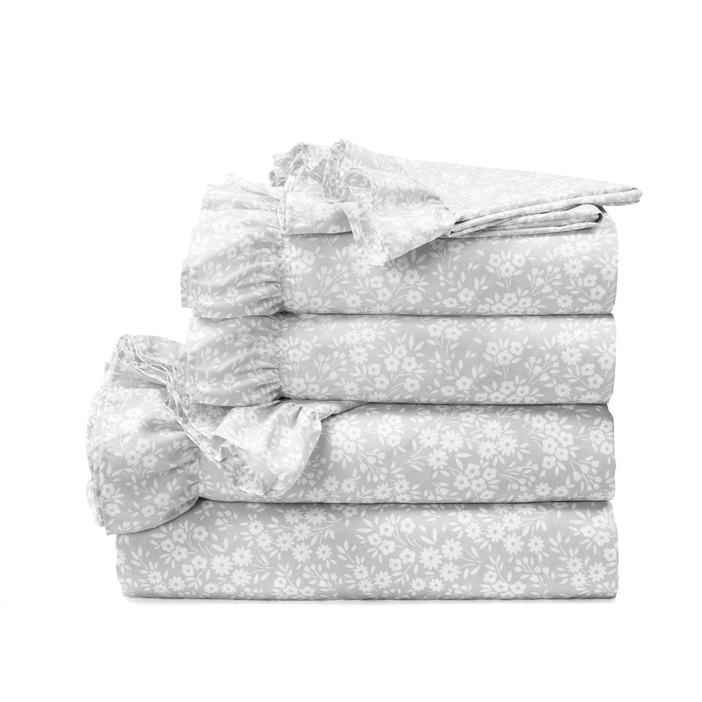 Queen size Grey Ruffle Floral Polyester 6 Piece Sheet Set — Chic Home-Decor