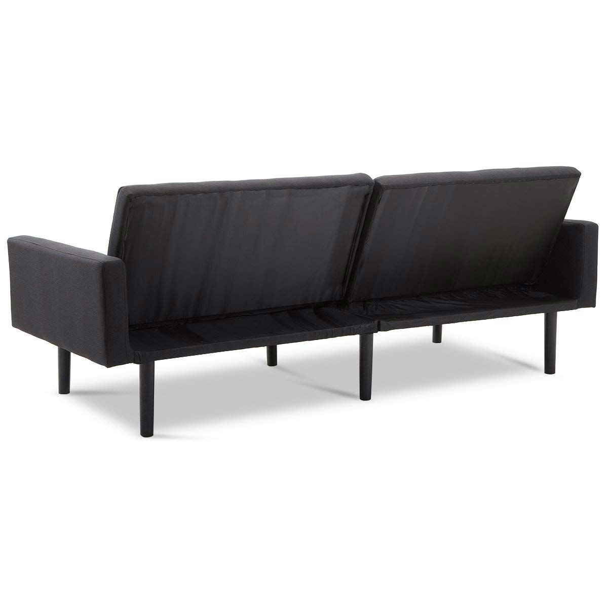 Modern Mid-Century Style Futon Sofa Bed with Black Linen Upholstery