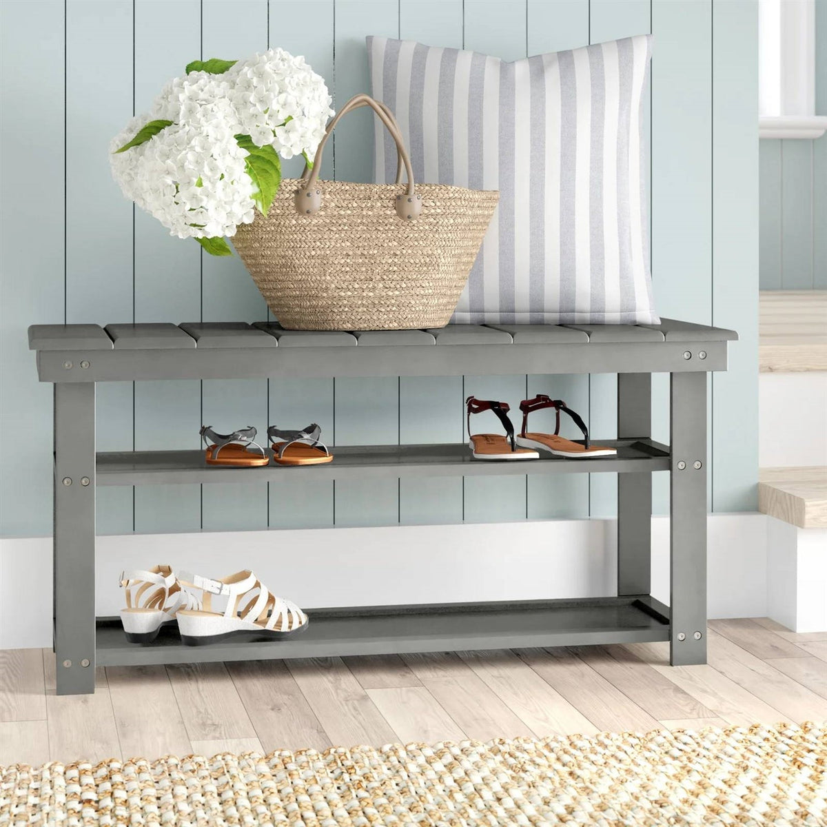 Wood 2-Shelf Shoe Rack Storage Bench For Entryway or Closet