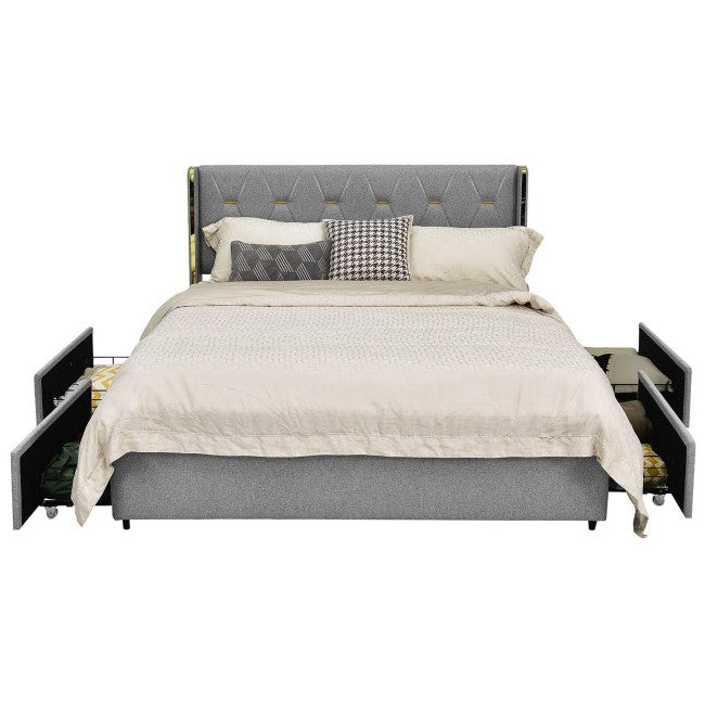 Full Size Grey/Gold Linen Headboard 4 Drawer Storage Platform Bed — Chic Home-Decor