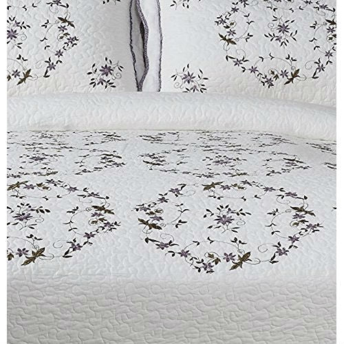 King size Cotton Bedspread with Scalloped Edges in White with Floral Print Embroidery