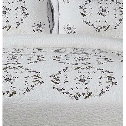 King size Cotton Bedspread with Scalloped Edges in White with Floral Print Embroidery