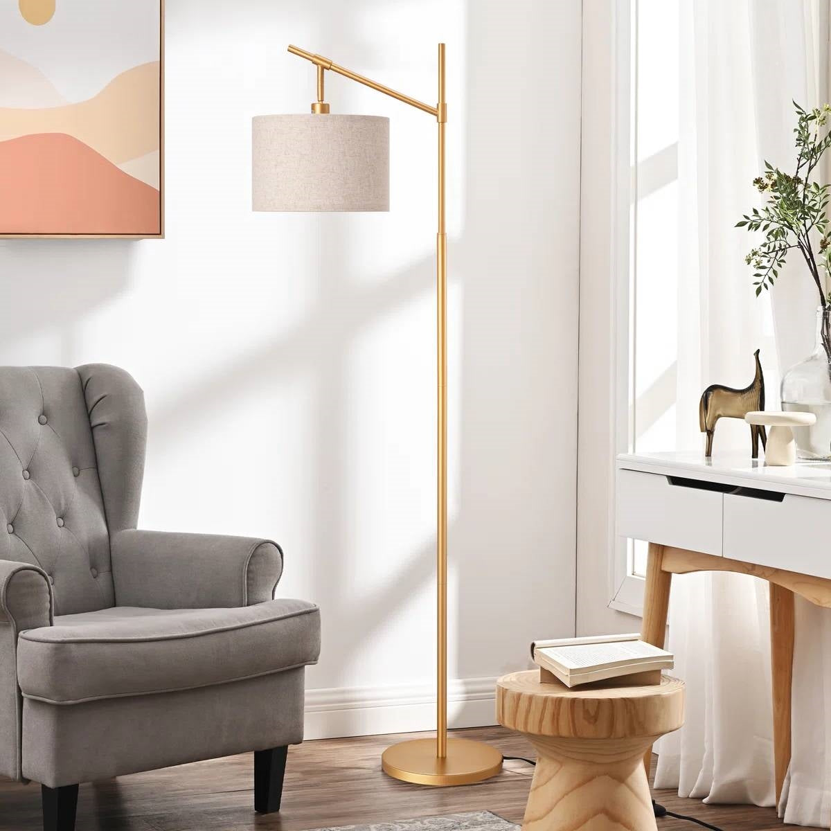 63-inch Gold Modern Arc Floor Lamp with Beige Linen Drum Shade