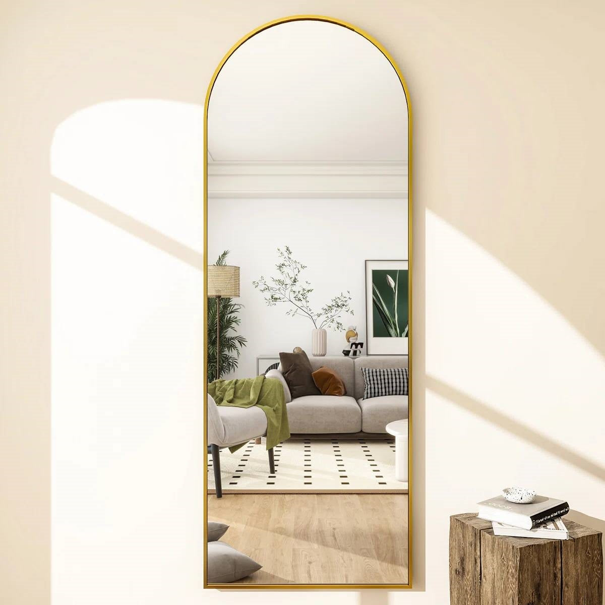 Gold 64-inch Full Length Arched Floor Mirror with Stand and Wall Hanging Screws