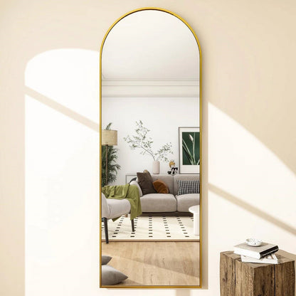 Gold 64-inch Full Length Arched Floor Mirror with Stand and Wall Hanging Screws