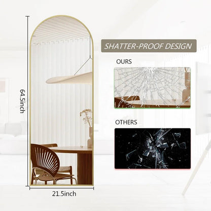Gold 64-inch Full Length Arched Floor Mirror with Stand and Wall Hanging Screws