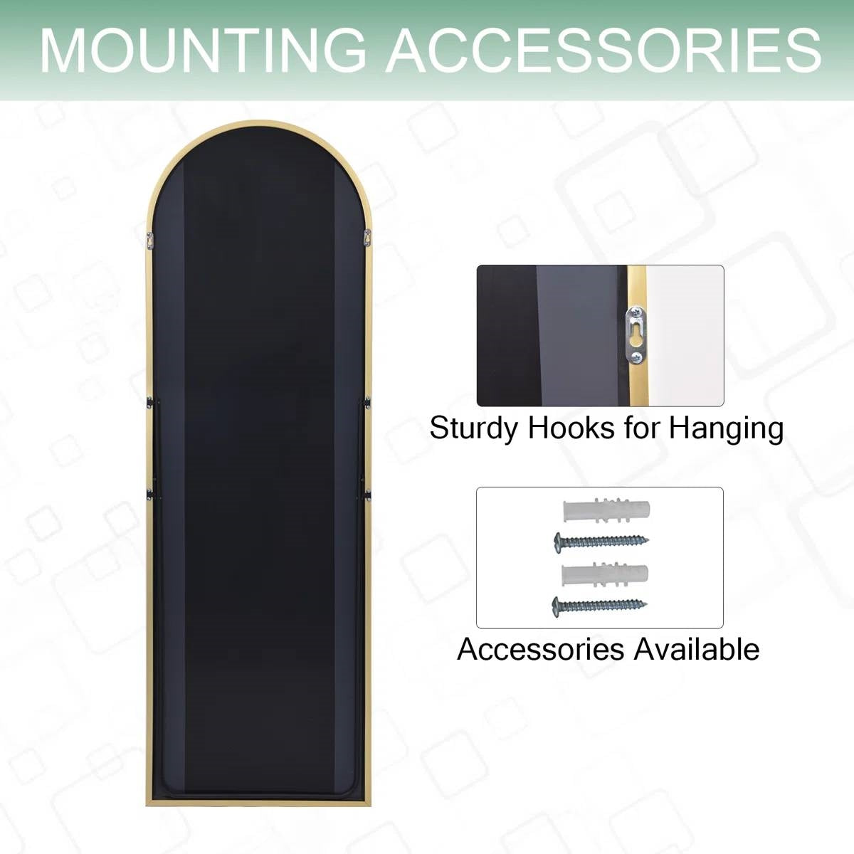 Gold 64-inch Full Length Arched Floor Mirror with Stand and Wall Hanging Screws