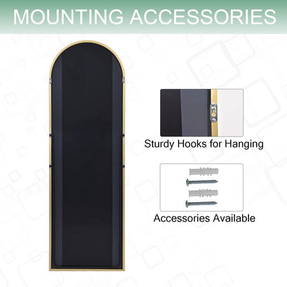 Gold 64-inch Full Length Arched Floor Mirror with Stand and Wall Hanging Screws