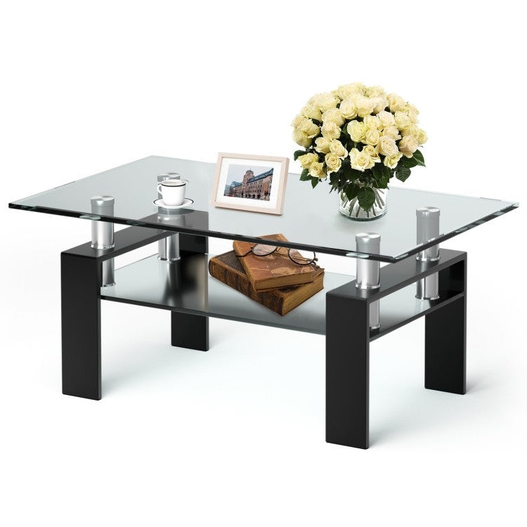 Modern 2 Tier Glass Coffee Table with Black Metal Legs — Chic Home-Decor