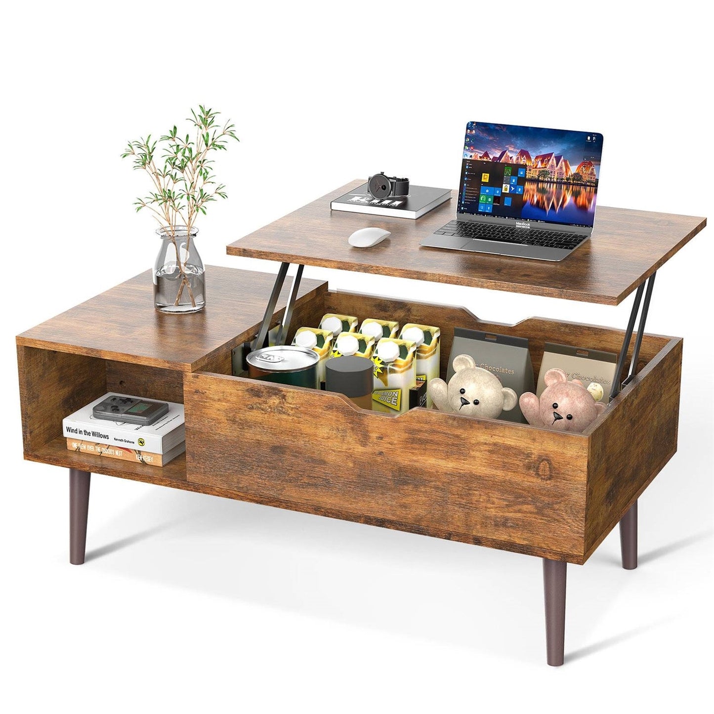 Mid-Century Modern Lift-Top Coffee Table TV Tray Laptop Desk Brown Wood Finish — Chic Home-Decor