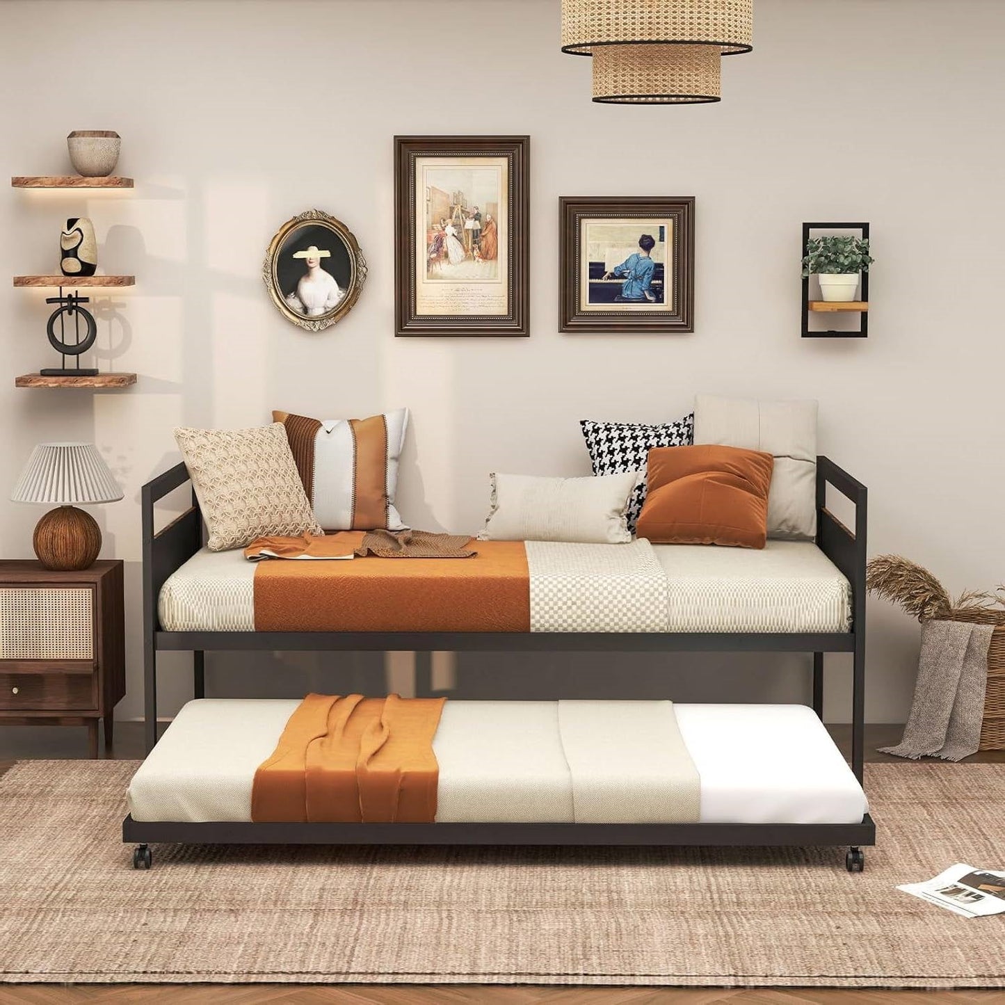 Twin size Industrial Farmhouse Metal Wood Daybed with Trundle Bed Frame