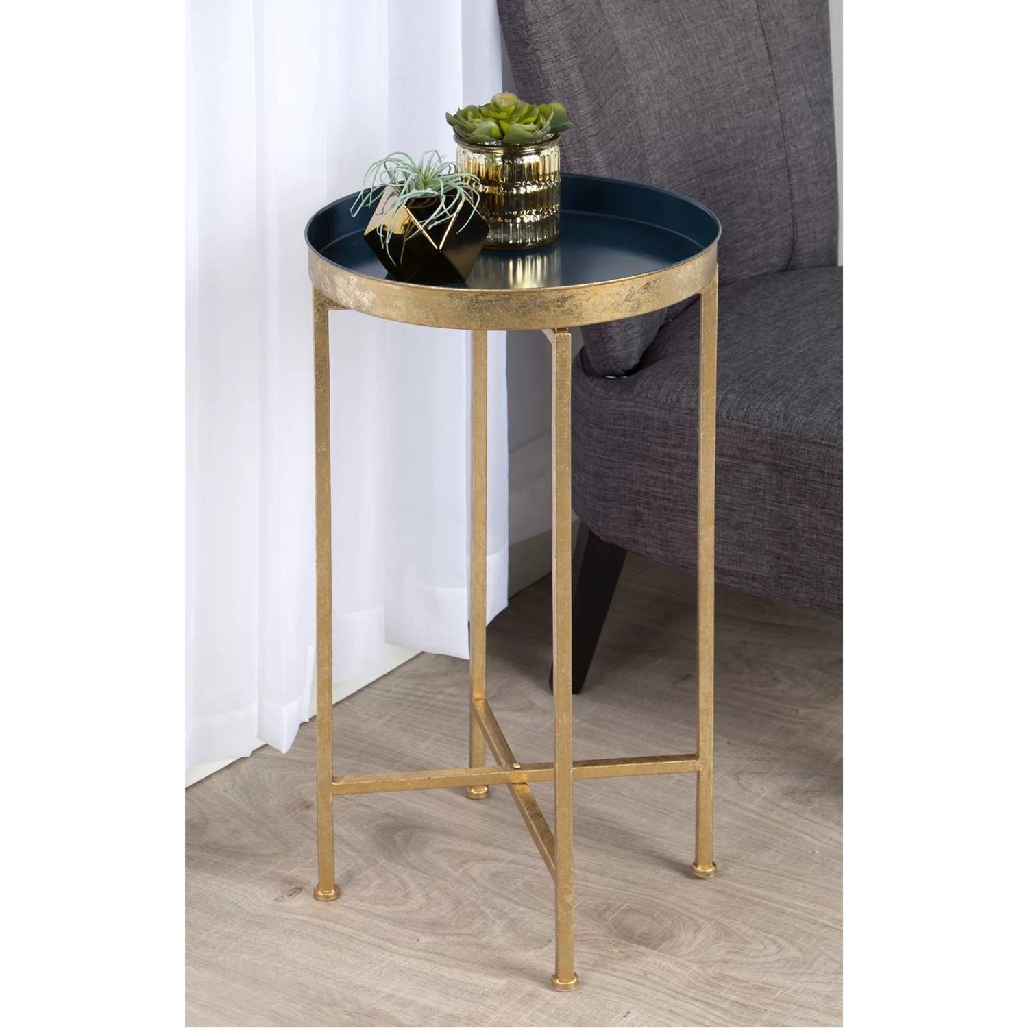 Gold Finish Metal Round End Table Nightstand with  Removable Navy Blue Tray Top — Chic Home-Decor