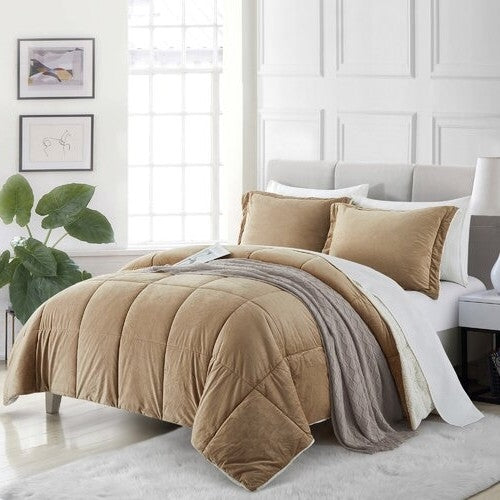 Queen Plush Microfiber Reversible Comforter Set in Gold — Chic Home-Decor