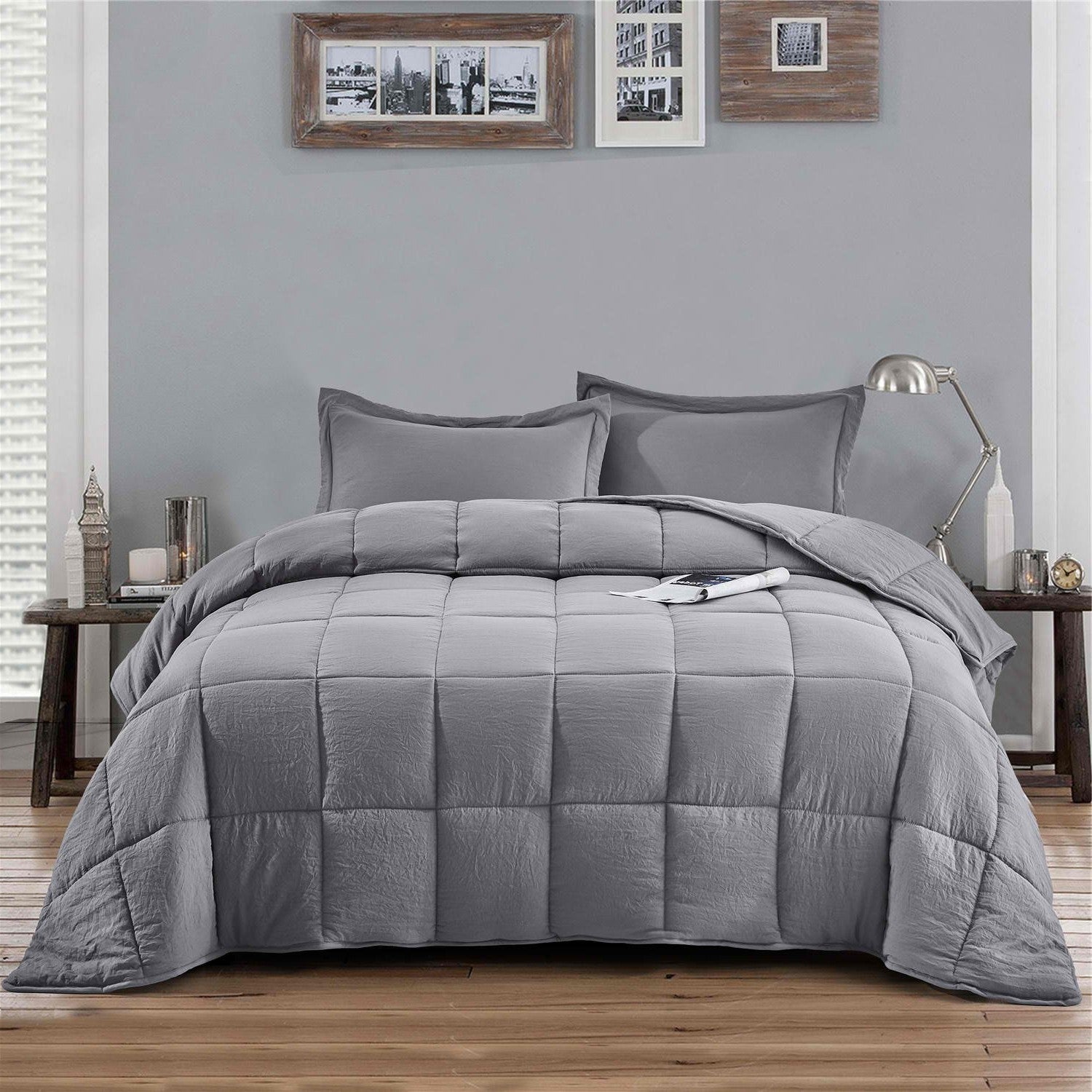 Queen Size Grey 3 Piece Microfiber Reversible Comforter Set — Chic Home-Decor