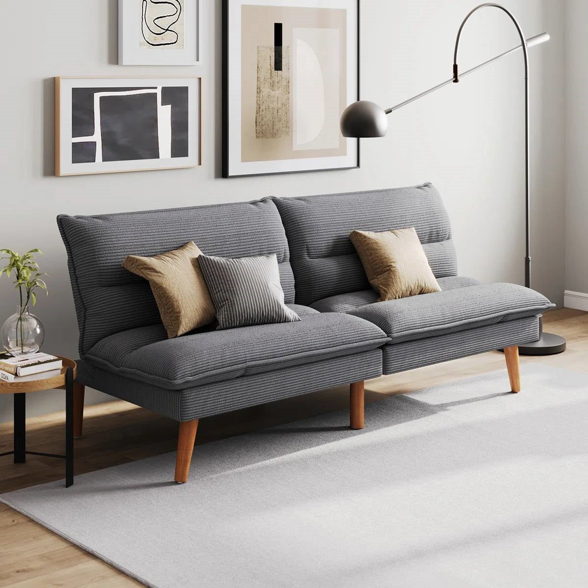 Modern Corduroy Fabric Futon Sleeper Sofa Bed Couch with Wood Legs – Grey
