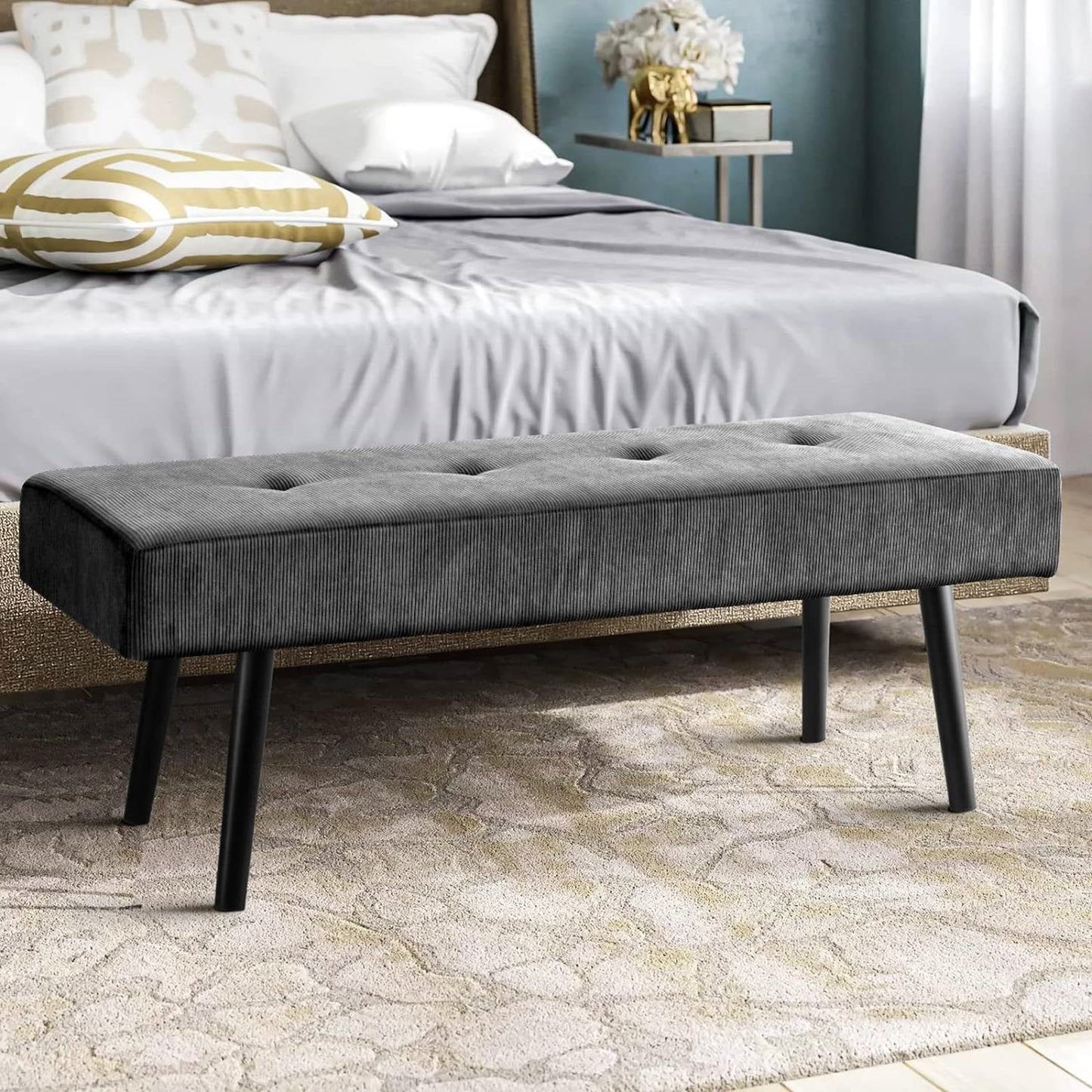 Mid-Century Grey Corduroy Upholstered End of Bed Bench with Black Metal Legs — Chic Home-Decor