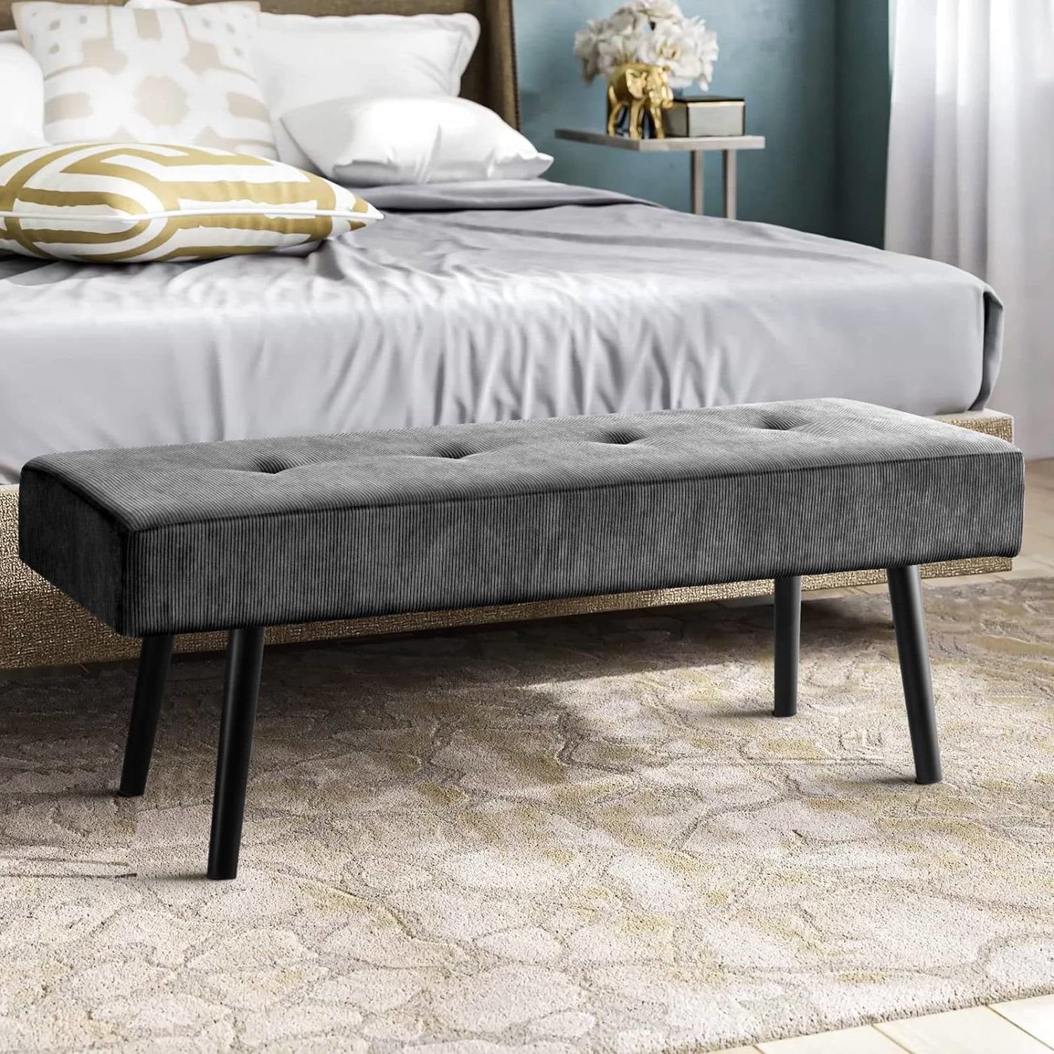 Mid-Century Grey Corduroy Upholstered End of Bed Bench with Black Metal Legs — Chic Home-Decor