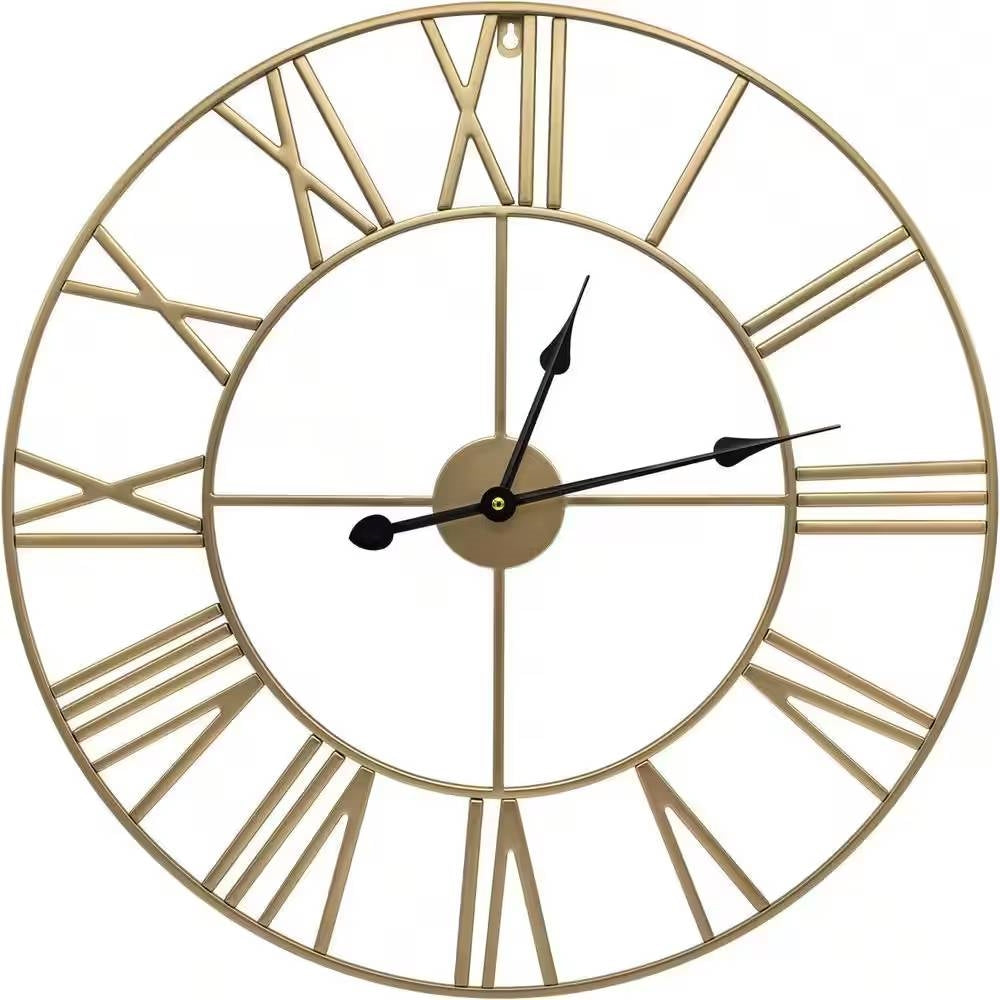 Round 24-inch Decorative Gold Metal Wall Clock Roman Numerals and Black Hands — Chic Home-Decor