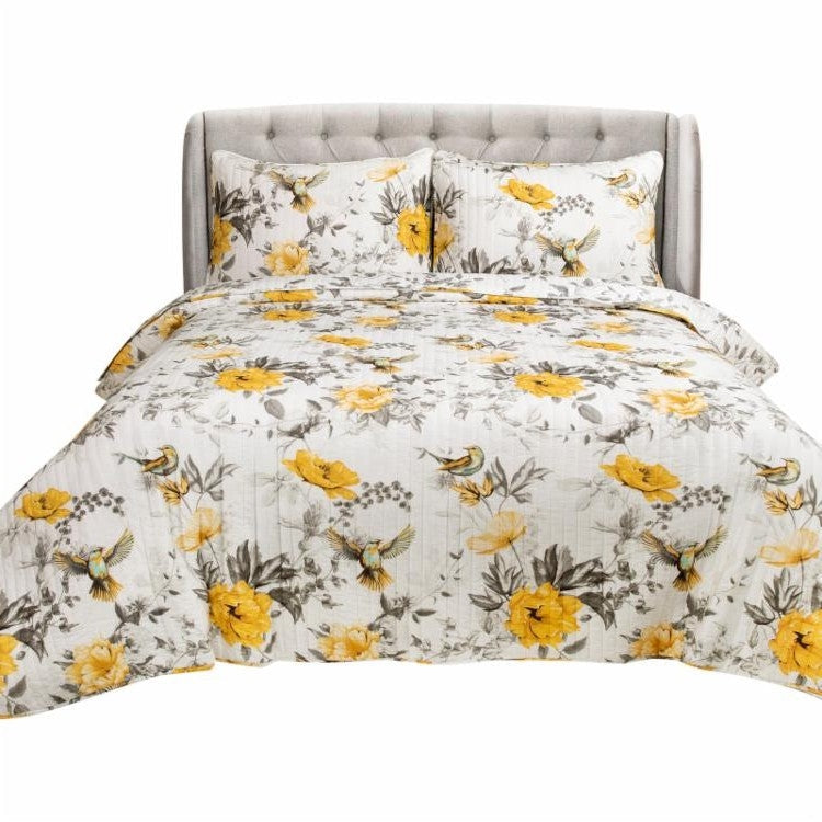 Full/Queen 3 Piece White Yellow Grey Reversible Floral Birds Cotton Quilt Set — Chic Home-Decor