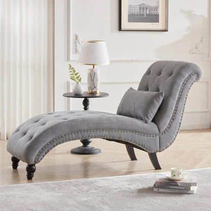 Grey Linen Upholstered Armless Chaise Lounge Chair with Pillow