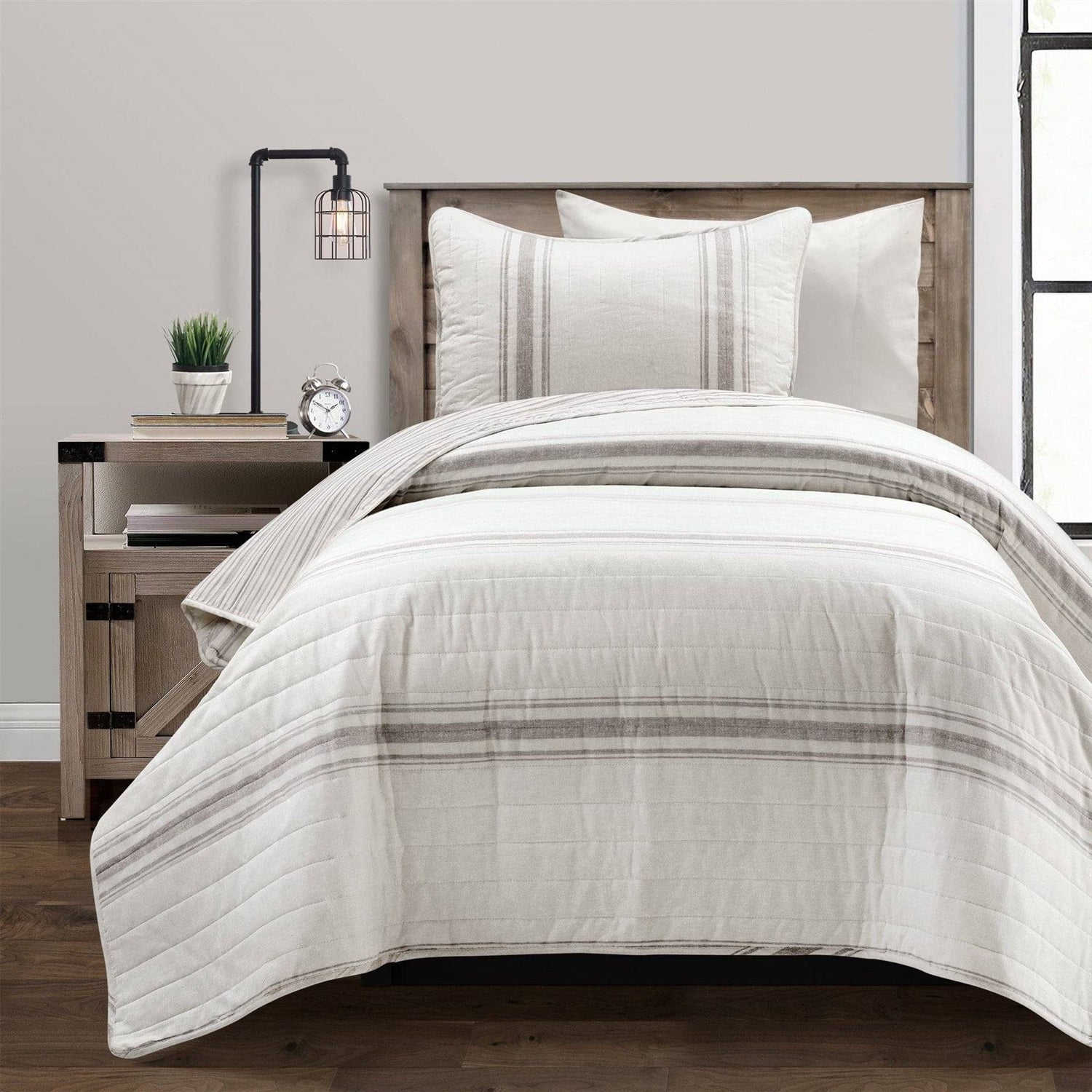 Twin/Twin XL Grey Off-White 2 Piece Stripe Reversible Cotton Quilt Set — Chic Home-Decor