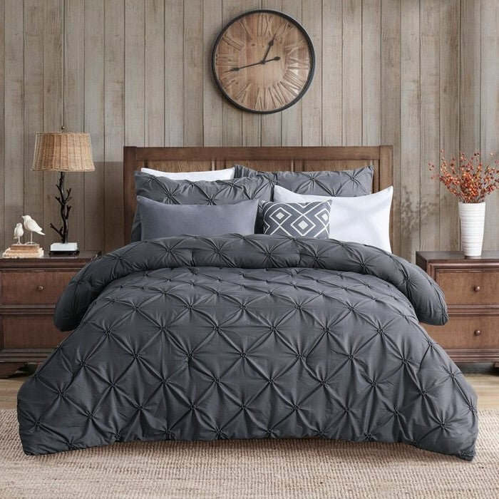 Full/Queen Size All Season Pleated Hypoallergenic Microfiber Reversible 3 Piece Comforter Set in Gray — Chic Home-Decor