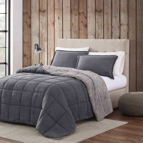 King Plush Sherpa Reversible Micro Suede Comforter Set in Gray — Chic Home-Decor