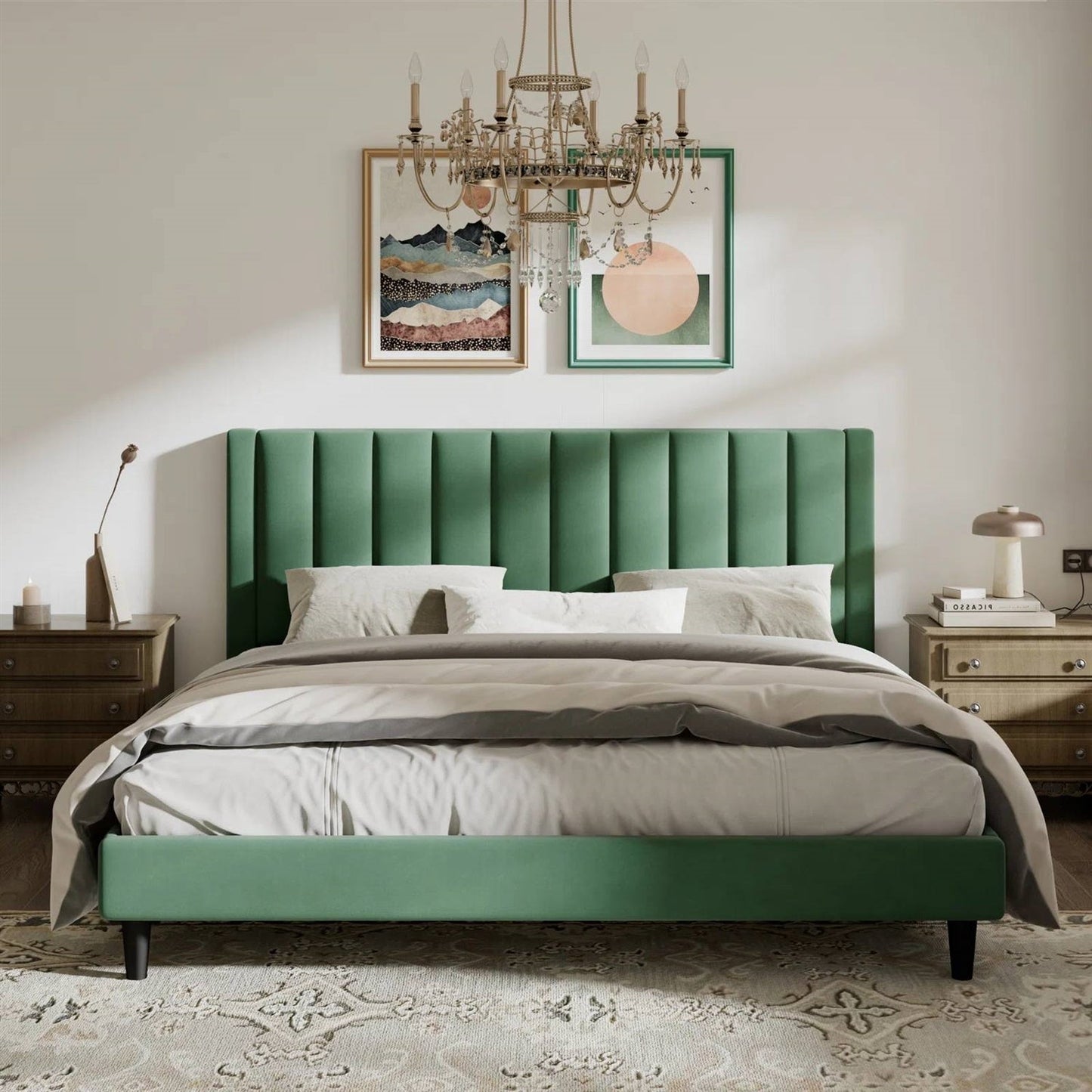 King size Modern Green Velvet Upholstered Platform Bed with Headboard — Chic Home-Decor