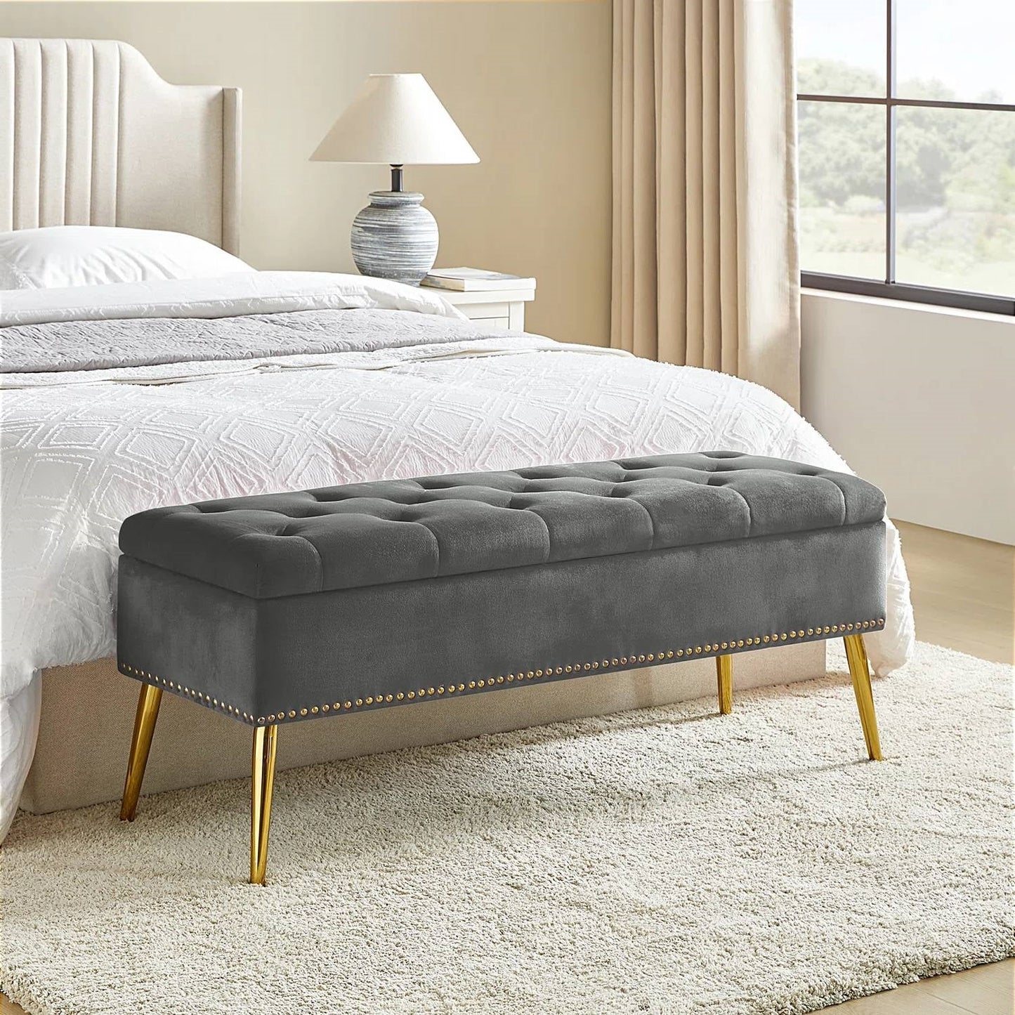 Mid-Century Modern End of Bed Storage Bench with Gray Velvet Seat and Gold Legs — Chic Home-Decor